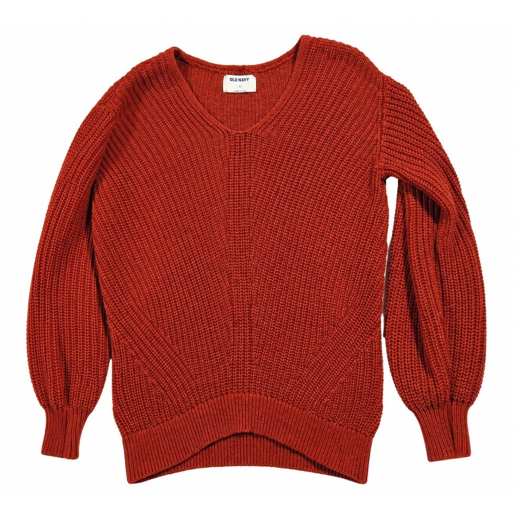 Old Navy V-Neck Shaker-Stitch Sweater XS Burnt Orange Balloon Sleeve